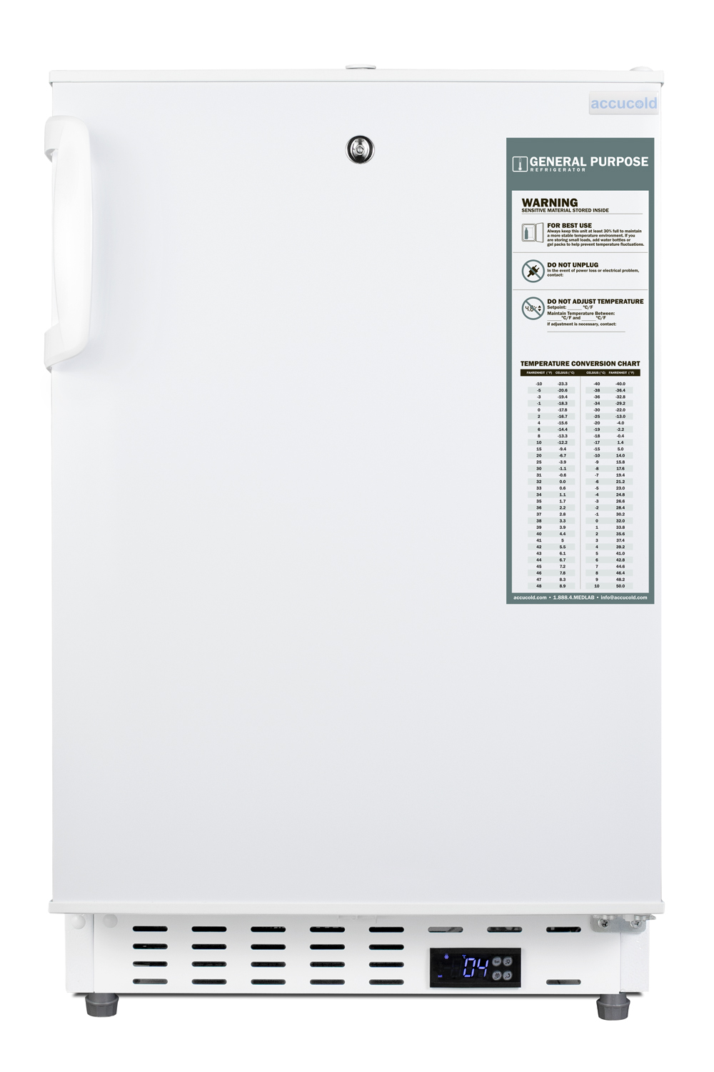 Built-in undercounter ADA compliant +2 C to +8 C all-refrigerator in white with lock, digital controls, wire shelving, hospital cord with 'green dot' plug, factory installed access port, and automatic defrost operation